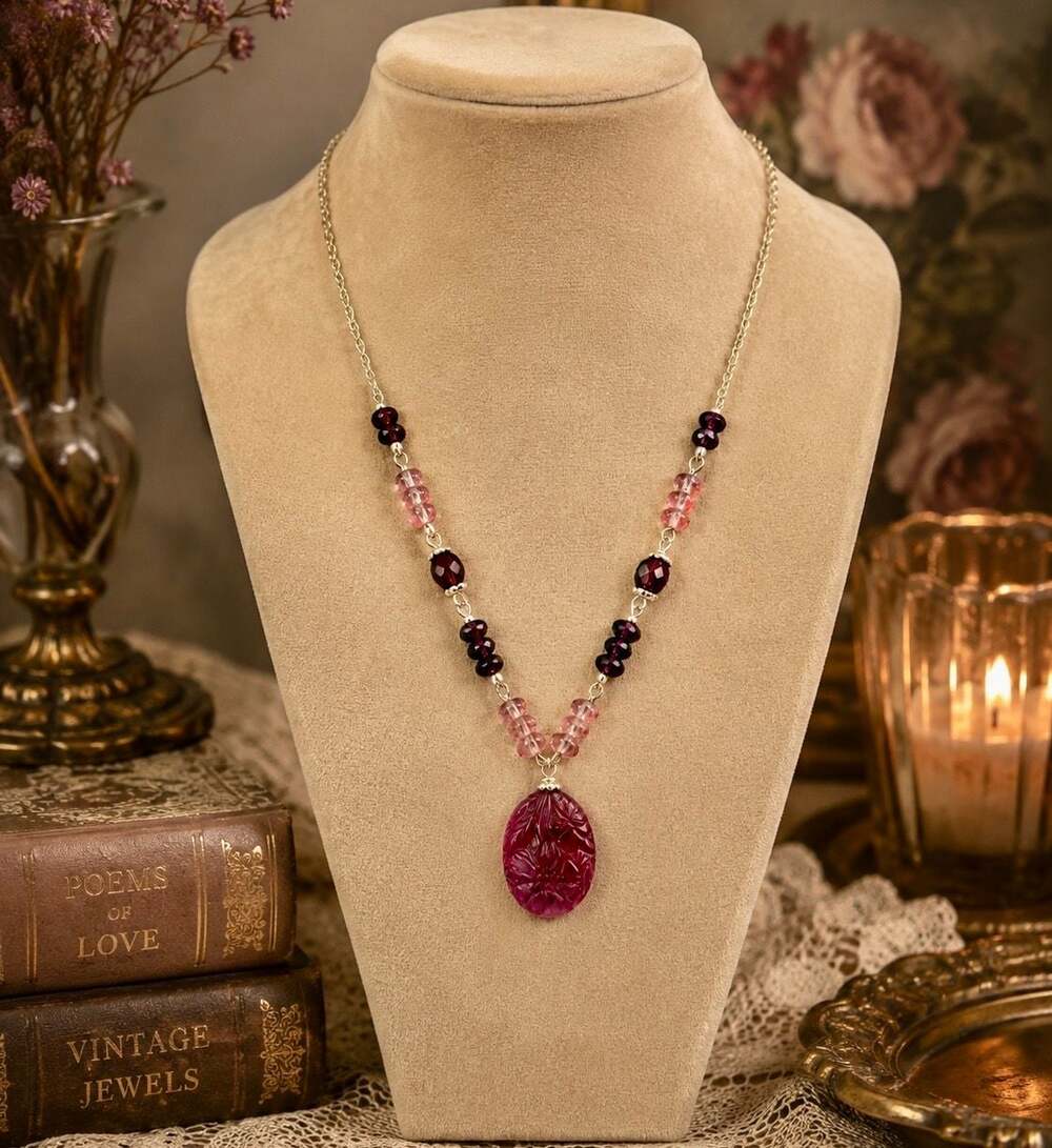 Carol Lee Vintage Carved Ruby-Color Glass Pendant Necklace